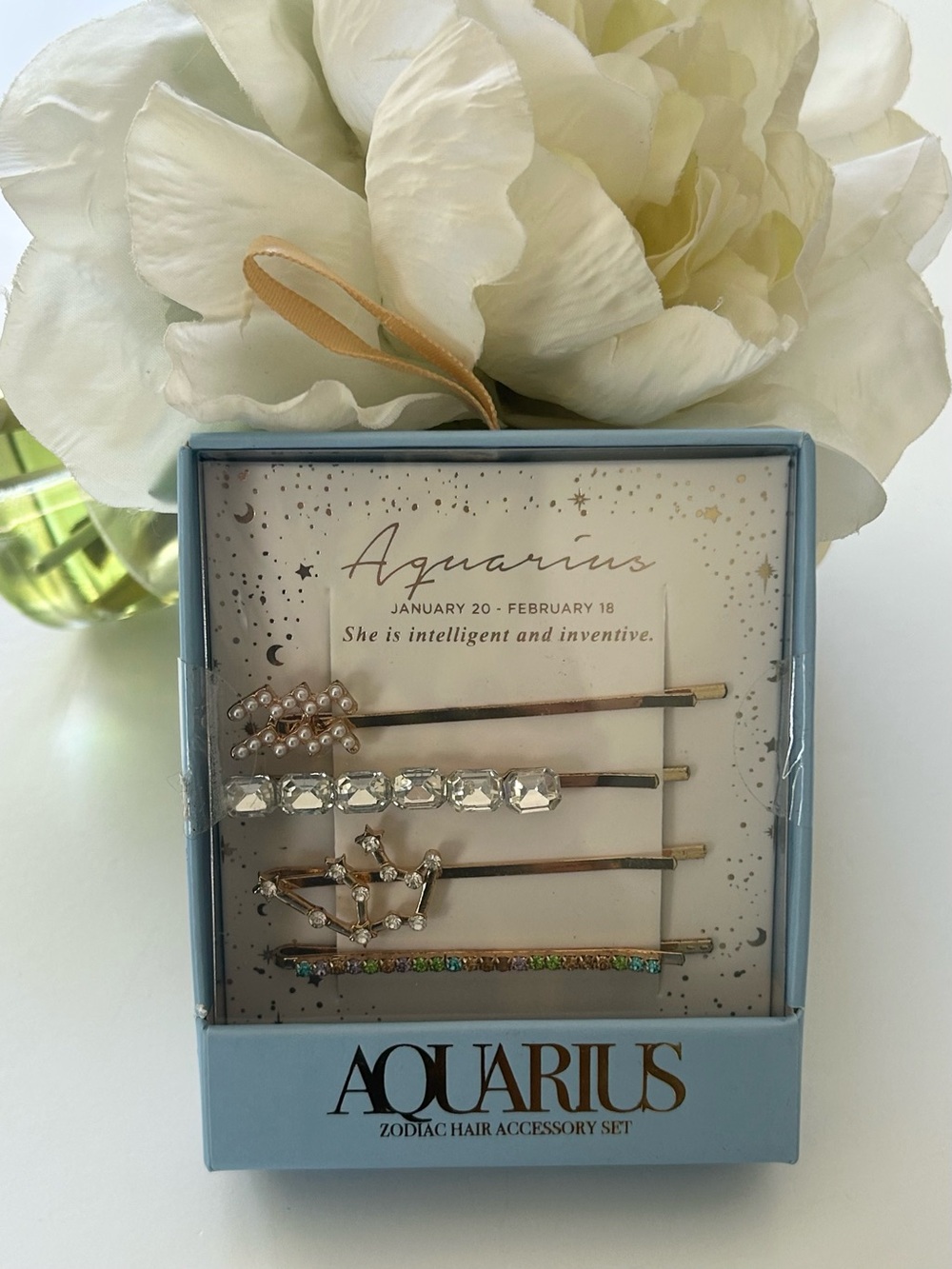 AQUARIUS Zodiac Faux Pearl & Rhinestone Gold Hair Accessories 4pc Set, NWT